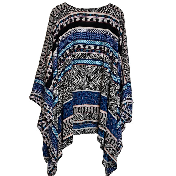 Womens Kimono Sleeve Tunic OSFM Blue Black Tribal Print Swim Cover Up Chiffon - Picture 4 of 4
